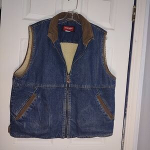 Vintage Wrangler Vest  L Blue Denim Sherpa Lined Full Zip Corduroy Accent Pocket